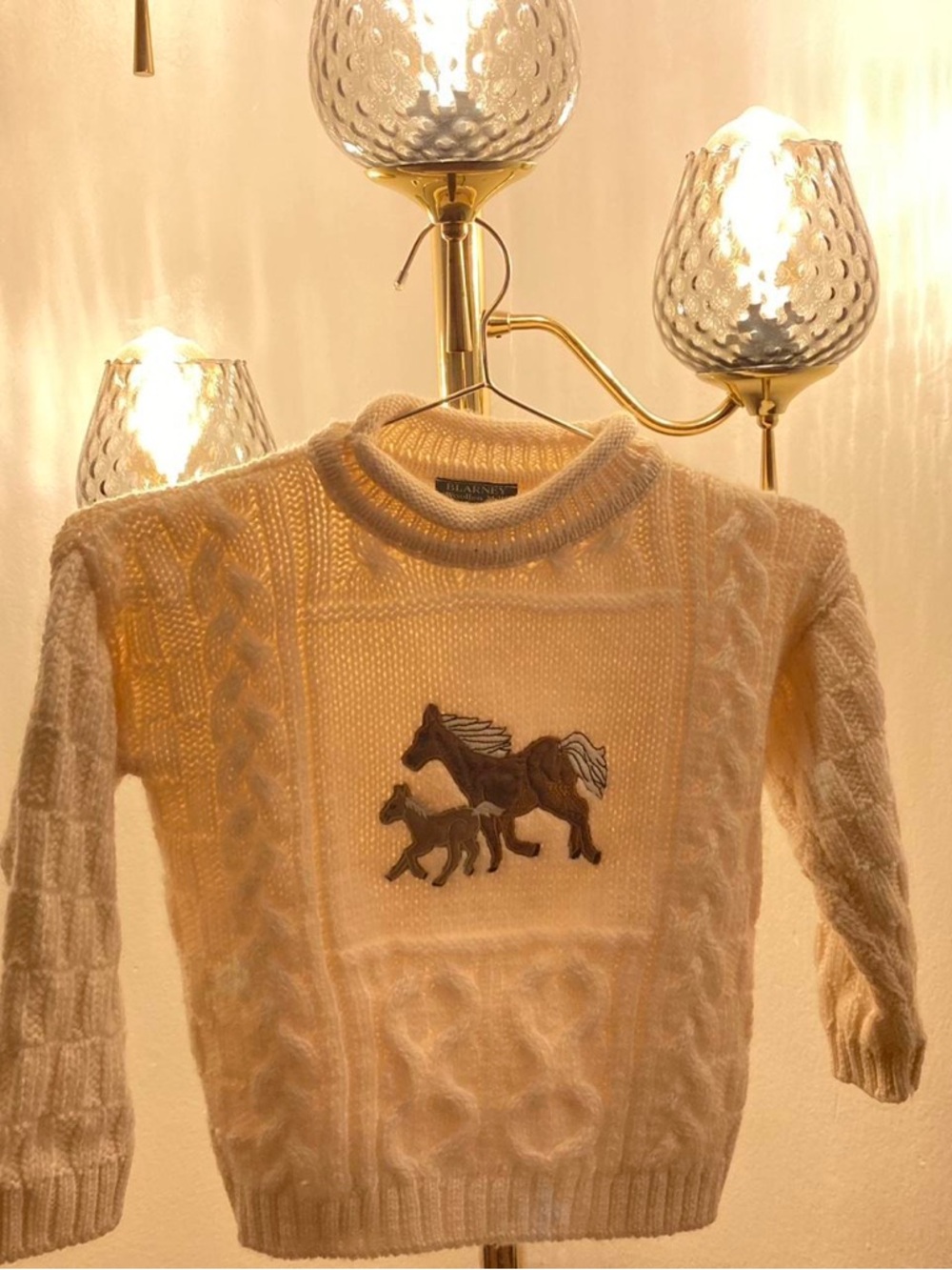 Barneys New York Cream Cable Knit Horse Sweater - Kids